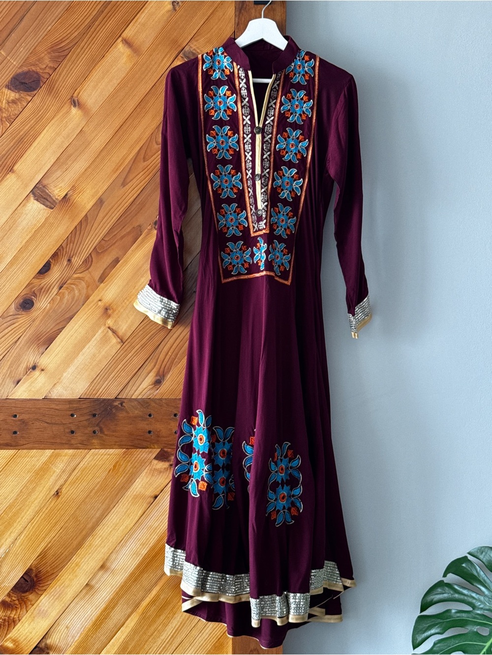 Maroon Embroidered Ethnic Style Maxi Dress Floral Dress